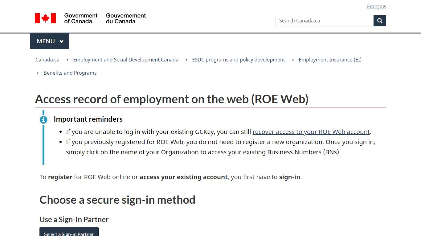 Access record of employment on the web (ROE Web) - Canada