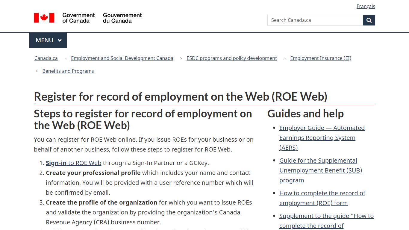 Register for record of employment on the Web (ROE Web)