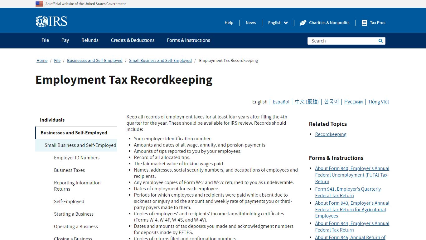 Employment Tax Recordkeeping | Internal Revenue Service