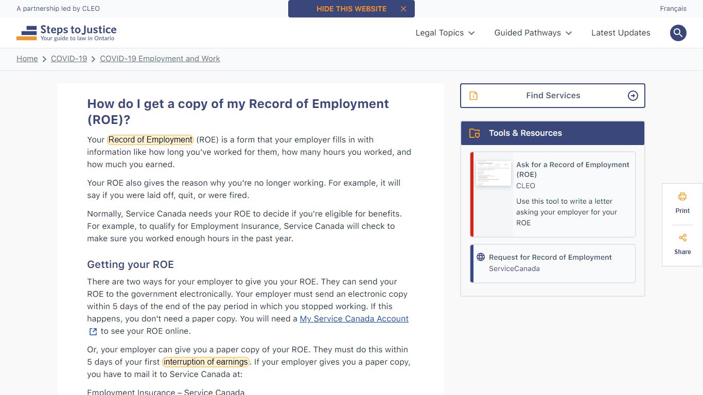 How do I get a copy of my Record of Employment (ROE)?